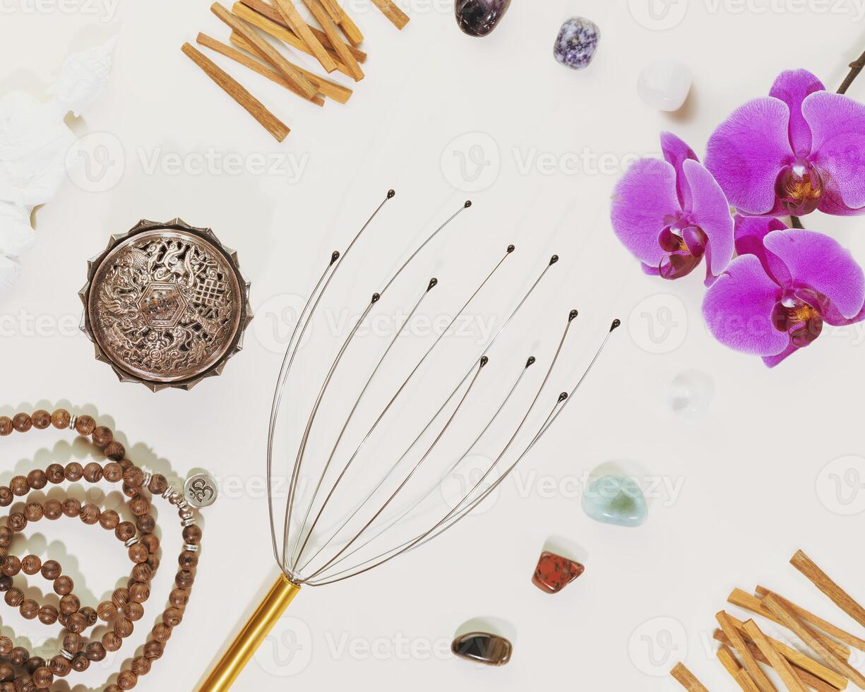 Self care, healing concept with set for relaxing photo