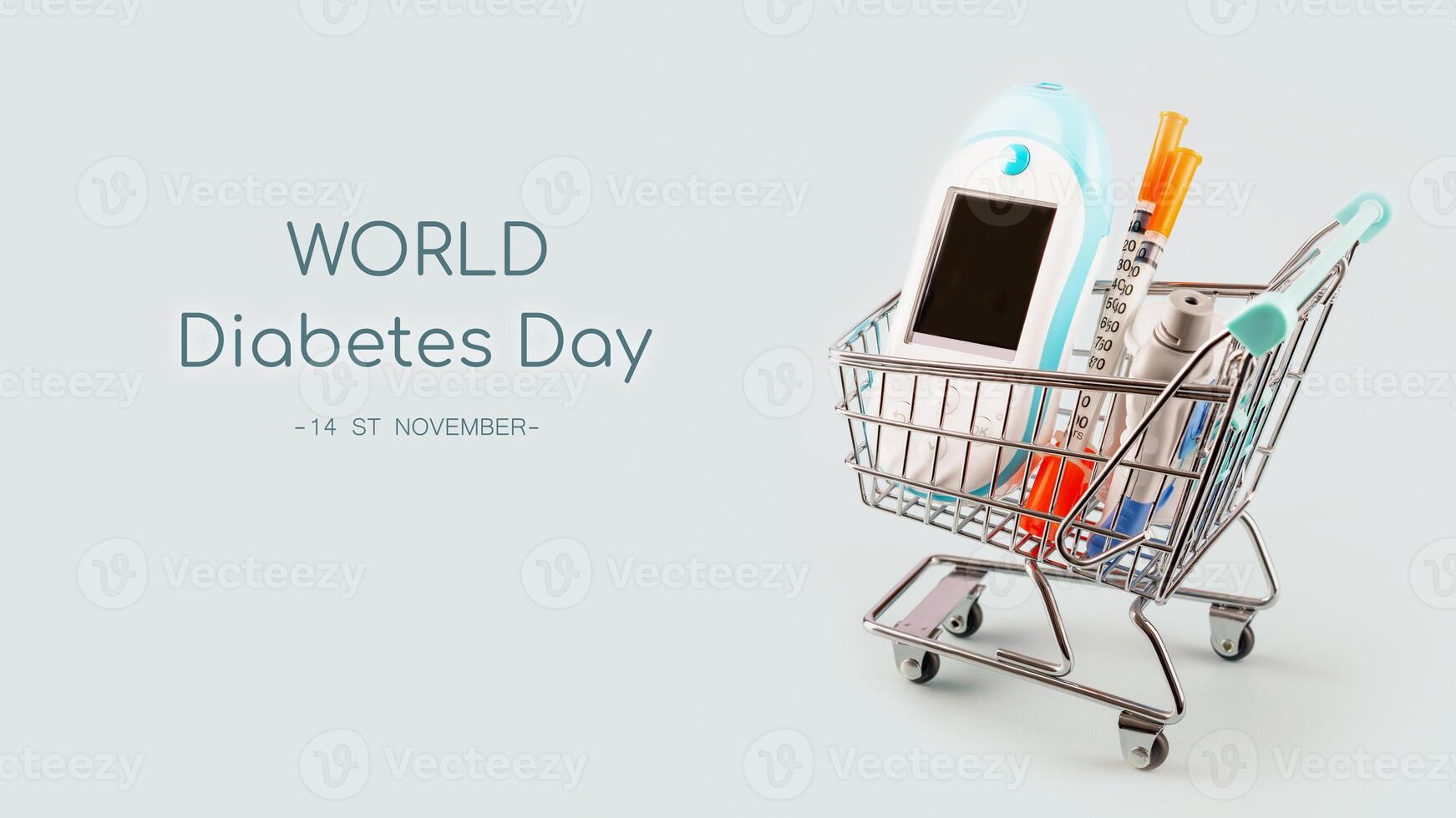 Diabetes Day card with glucose meter, syringes in shopping trolley with inscription photo