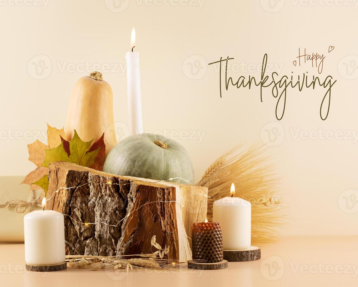 Thanksgiving congratulation card with pumpkins and candles photo