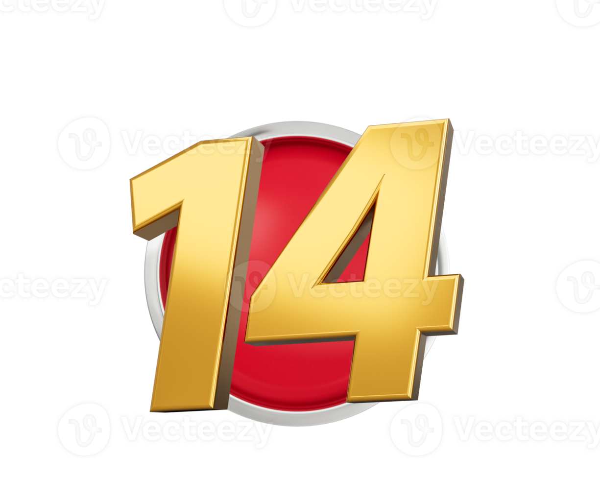 Gold Number 14 Gold Number Fourteen On Rounded Red Icon, 3d illustration png