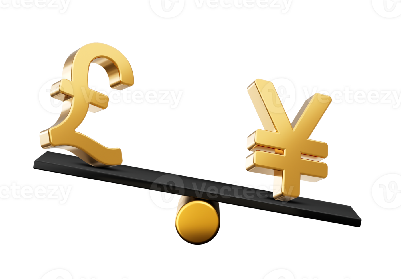 3d Golden Pound And yen Symbol Icons With 3d Black Balance Weight Seesaw, 3d illustration png