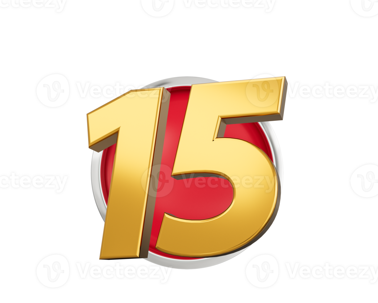 Gold Number 15 Gold Number Fifteen On Rounded Red Icon, 3d illustration png