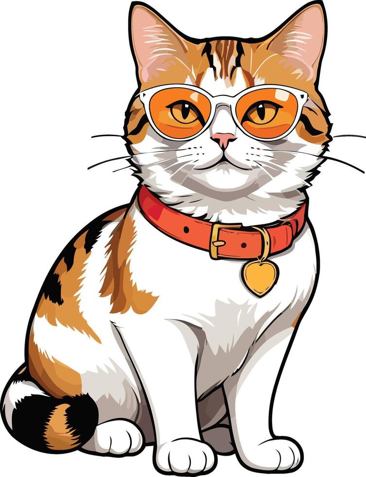 Aegean cat of beautiful pet is sitting and wearing sunglass illustrations vector
