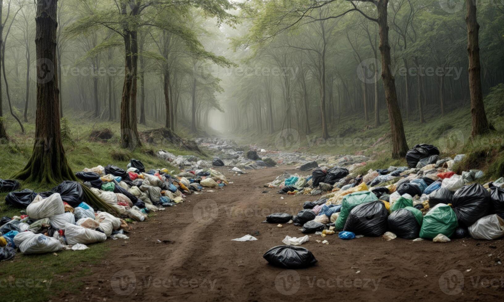 Garbage in meadow. Rubbish, trash left after picnic. People illegally throw garbage into forest. Illegal garbage dump in nature. Dirty environment garbage polluting near footpath in photo