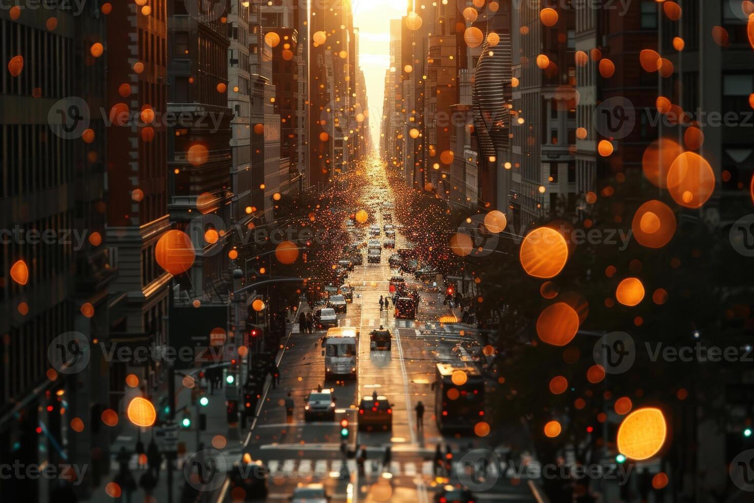 As the sun sets, holographic designs adorn the cityscape, casting a warm glow on the lively streets filled with vehicles and pedestrians. photo