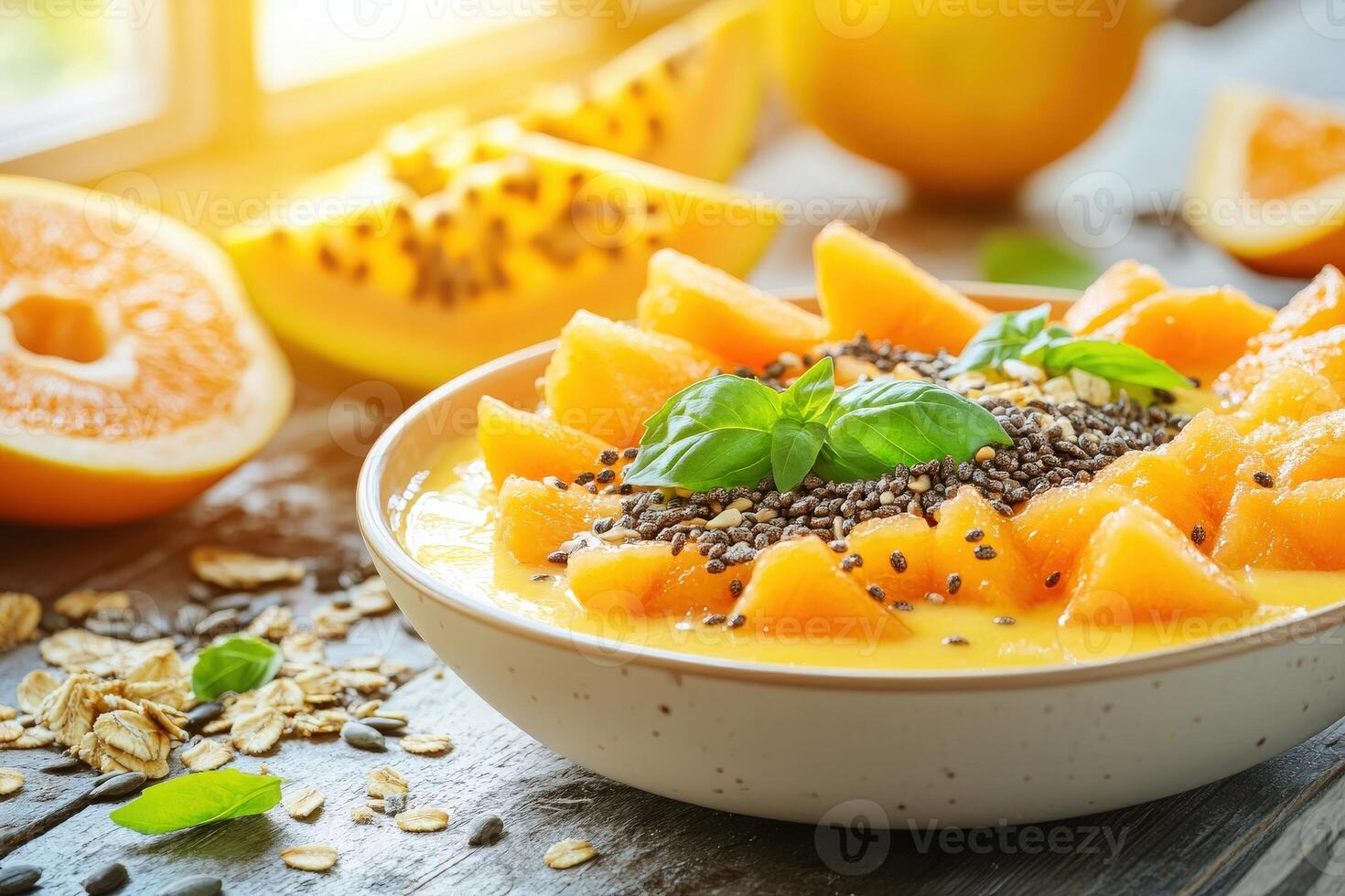 A bowl brimming with a colorful smoothie, topped with fresh fruit pieces, seeds, and a green garnish, captures the essence of a healthy breakfast. photo