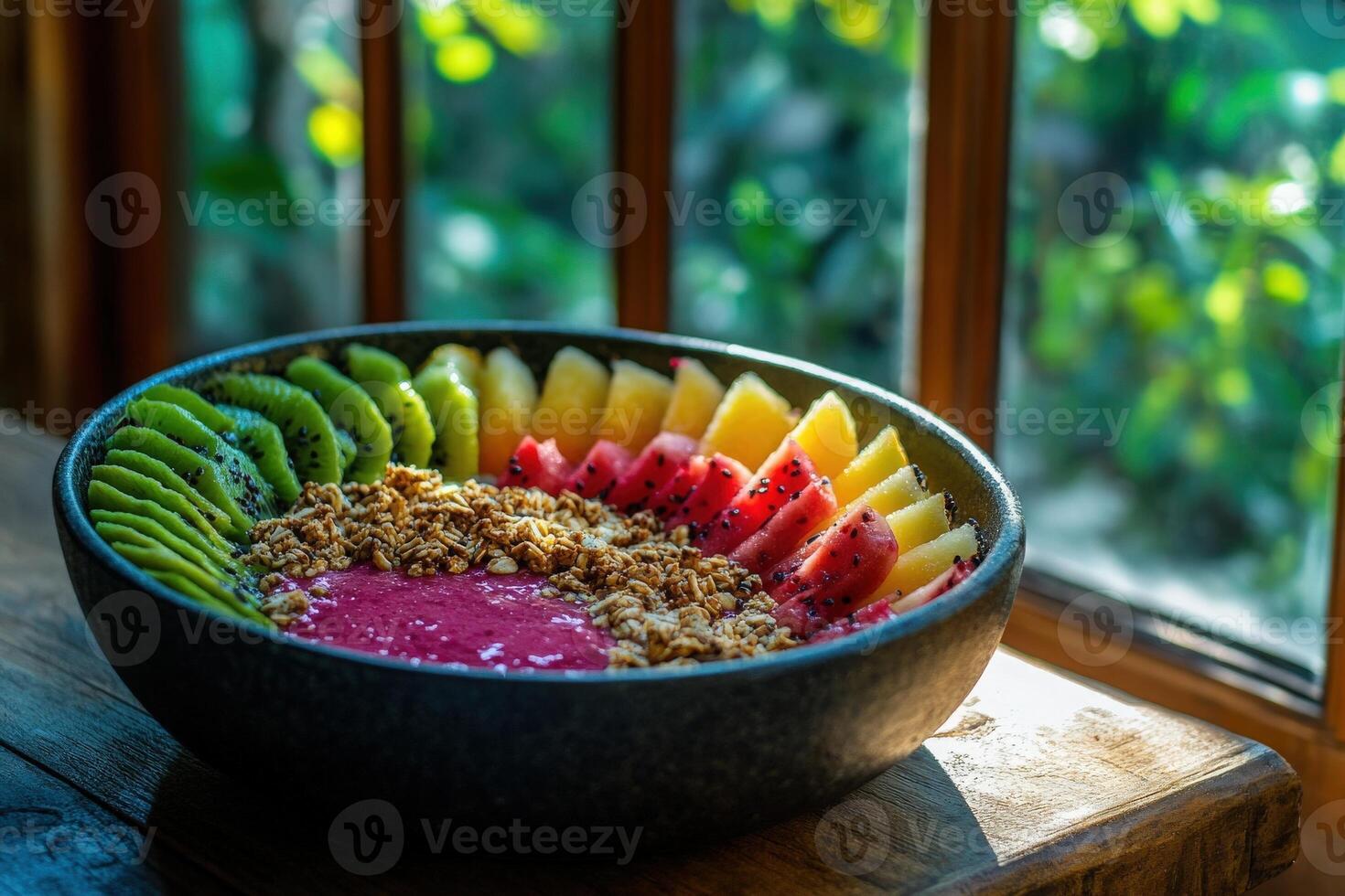 A delicious, colorful arrangement of fresh fruit and granola awaits on a rustic table, illuminated by warm sunlight filtering through the window. photo