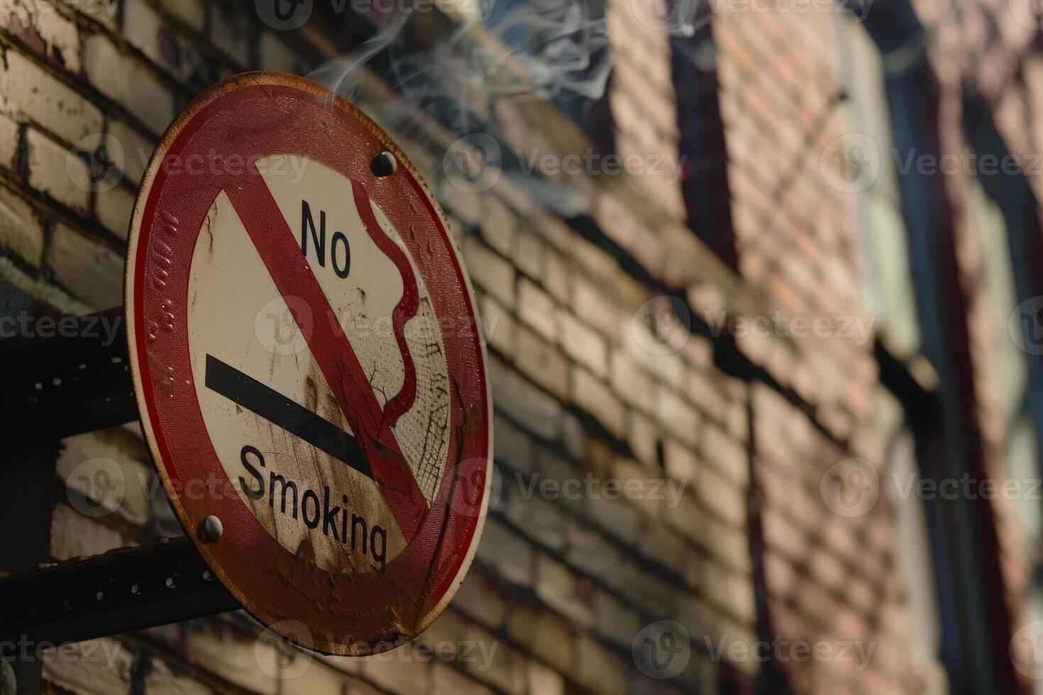 A close-up view of a No Smoking sign, its surface marked by age, hangs against a textured brick wall, emphasizing a clear message in a public space. photo