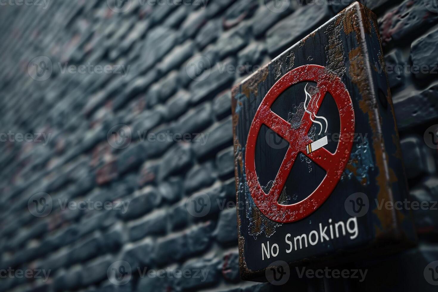 A close-up view showcases a weathered No Smoking sign prominently displayed against a rough brick background. photo