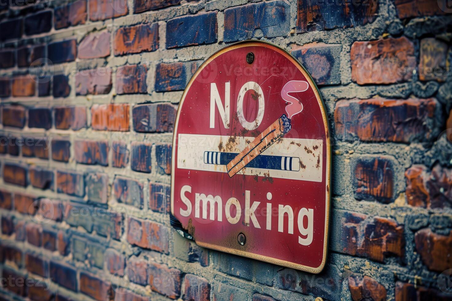 The sign, aged and slightly worn, firmly states a smoke-free message, showcasing rust and the texture of the brick behind it. photo