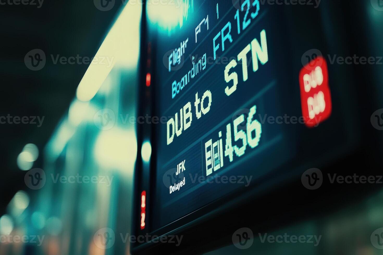 A digital boarding display highlights flight details, including destinations and statuses, creating an atmosphere of anticipation in the airport. photo