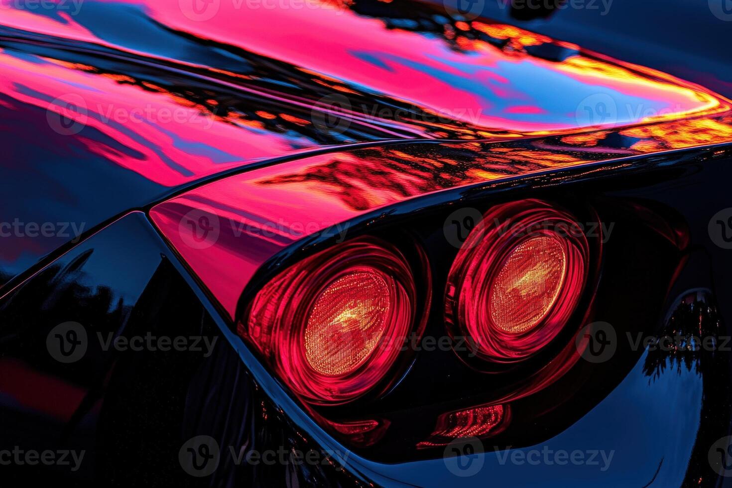 A luxury cars rear tail light glows with striking red hues, reflecting the colorful sunset and surrounding scenery. photo