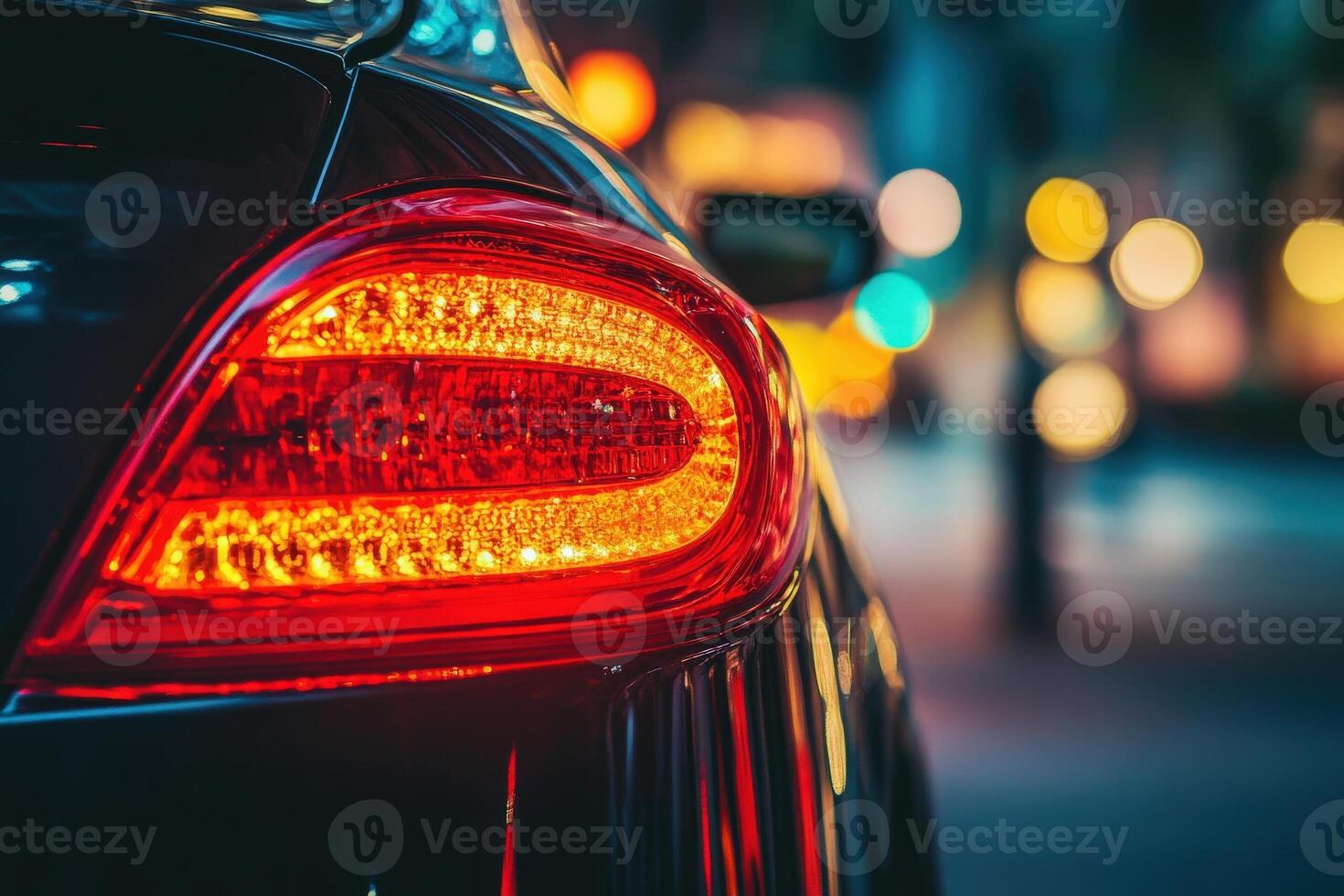 A striking close-up showcases the illuminated tail light, reflecting the lively colors of the city as twilight descends. photo