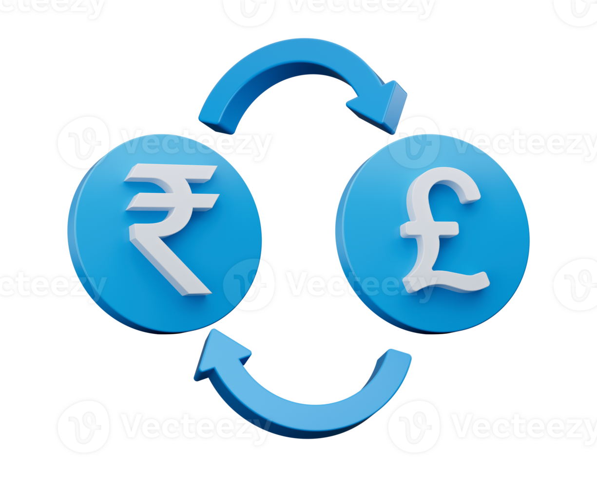 3d White Rupee And Pound Symbol On Rounded Blue Icons With Money Exchange Arrows, 3d illustration png