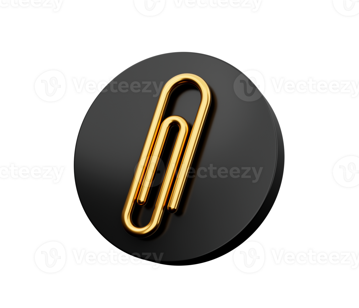 Golden Paper Clip Icon on black circle with gold shine 3d illustration png
