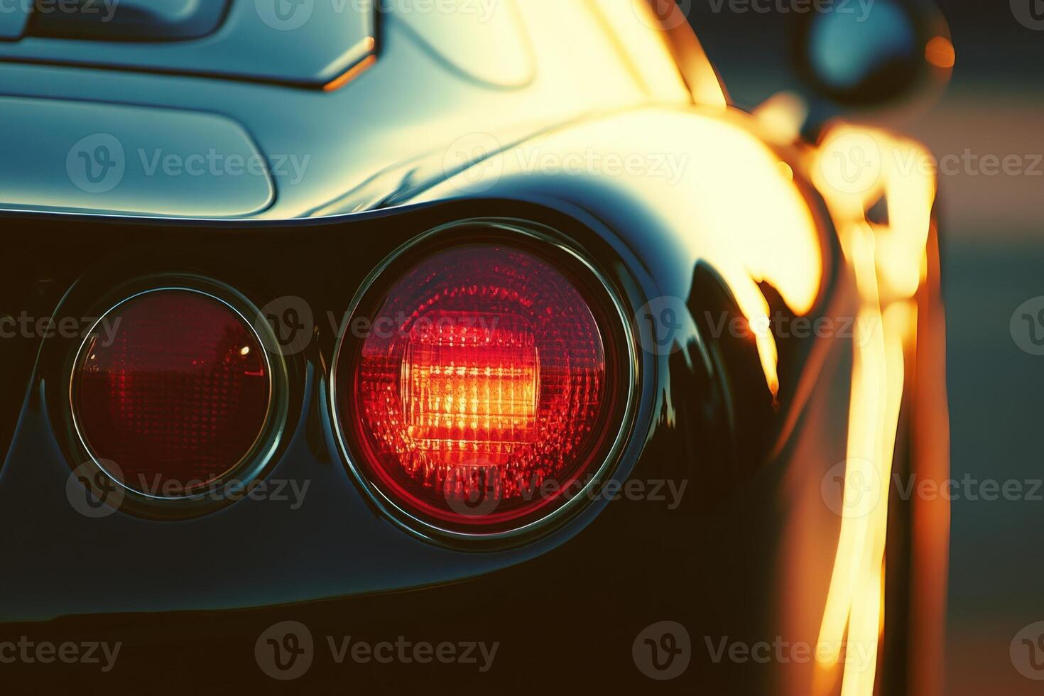A luxurious vehicles rear tail light illuminates, showcasing a blend of sleek design and warm sunset reflections. photo