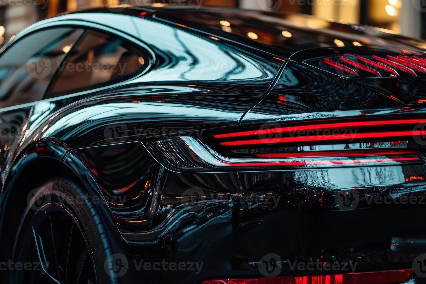 The sleek tail light of a luxury car shines brightly against the backdrop of a bustling city, reflecting intricate details and warm city lights. photo