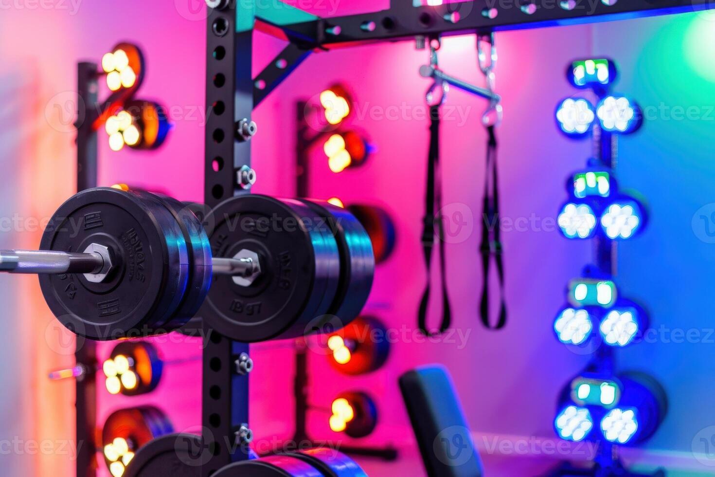 A high-tech home gym showcases colorful lighting and modern workout tools, creating an engaging atmosphere for fitness enthusiasts. photo