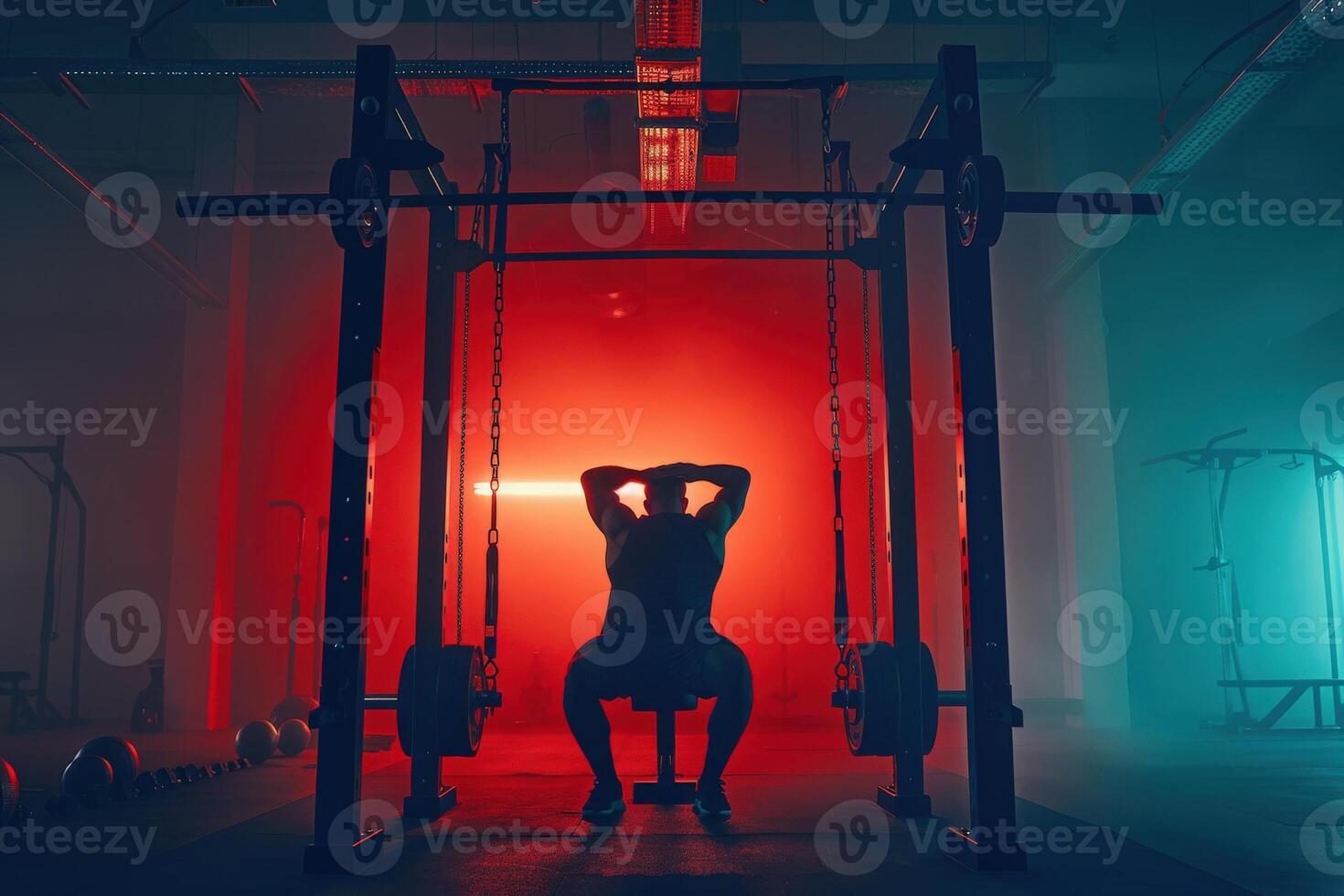 A person exercises in a futuristic home gym, surrounded by vibrant lighting and holographic technology, creating a captivating atmosphere for fitness. photo