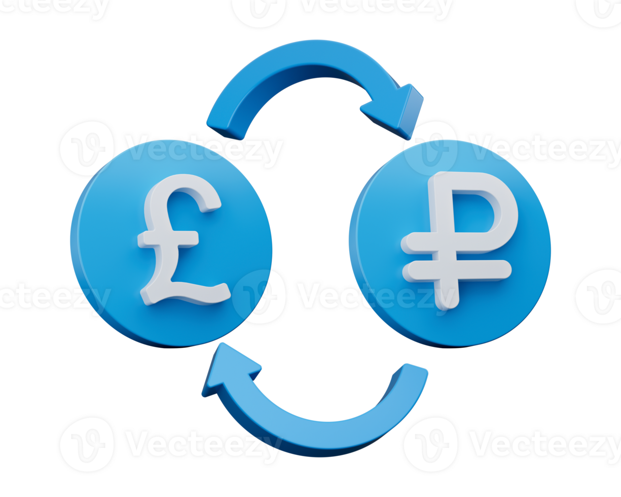 3d White Pound And Ruble Symbol On Rounded Blue Icons With Money Exchange Arrows, 3d illustration png