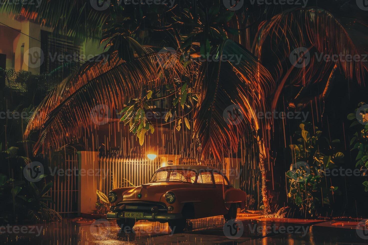 A classic car stands still beneath swaying palms as heavy rain cascades, illuminated by warm streetlight amidst the vibrant greenery. photo