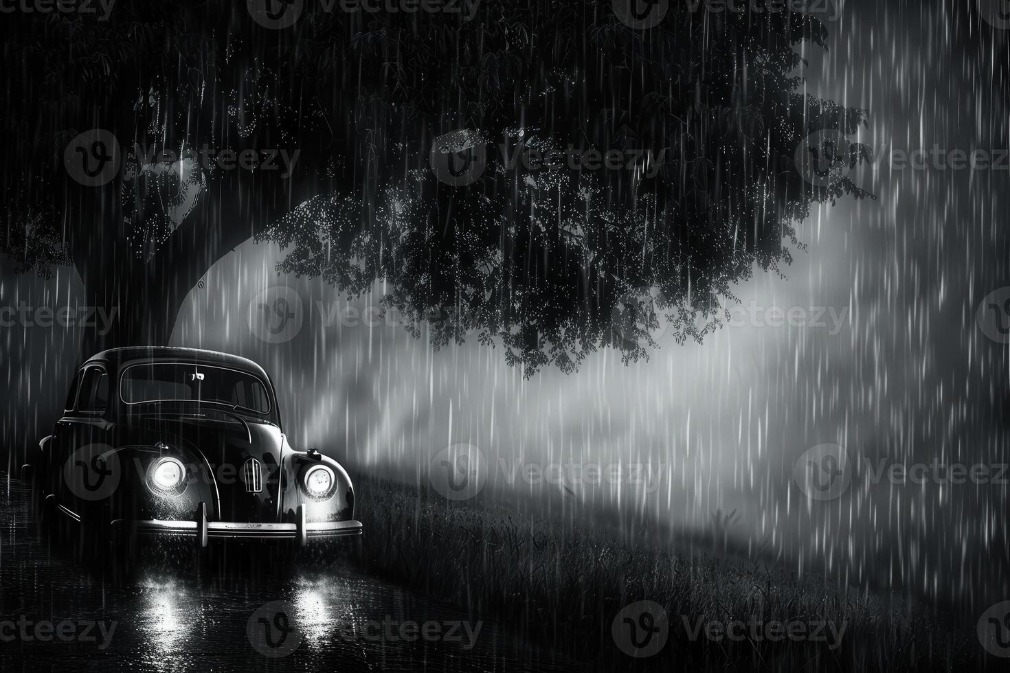 A classic car stands alone, illuminated by its headlights, as a torrential downpour cascades from the gloomy clouds above, shrouded in an aura of solitude. photo