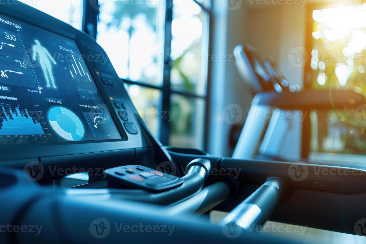 A sleek home gym features advanced technology, including a holographic interface for monitoring workouts and a bright, welcoming atmosphere. photo