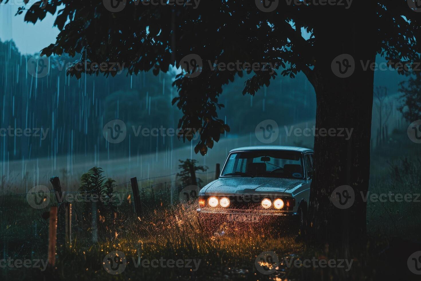 A classic car stands still beneath a leafy tree as rain pours down, creating a tranquil atmosphere at twilight. photo