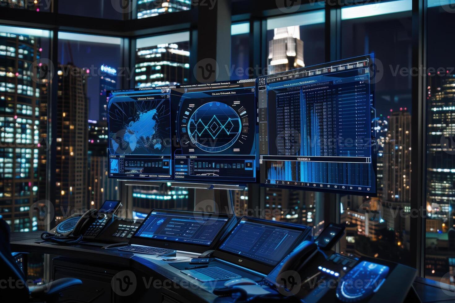 A sleek workspace illuminated by city lights showcases advanced technology with a holographic calendar in play. photo