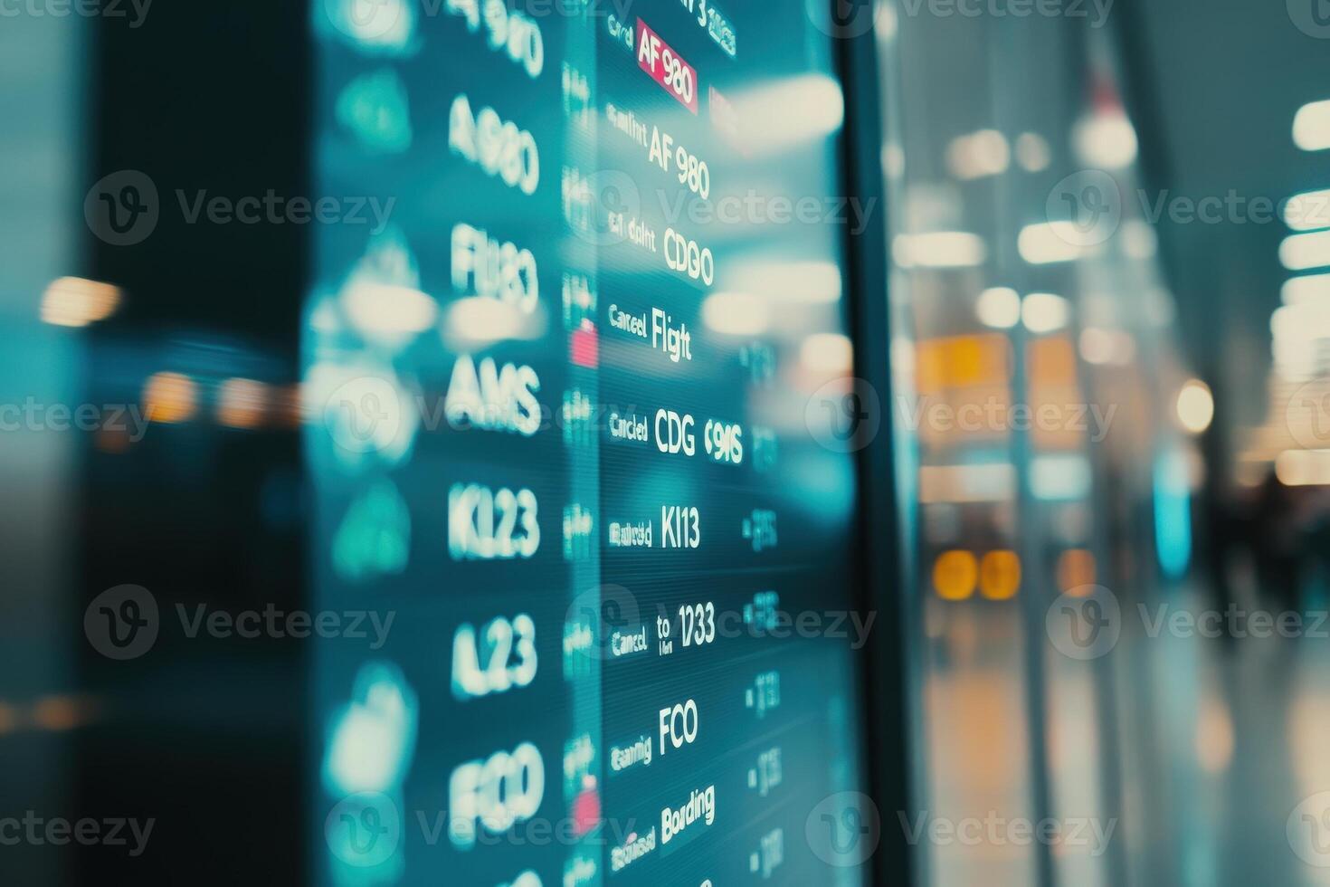 A digital display showcases flight information, revealing destinations and statuses amid an active airport atmosphere. photo