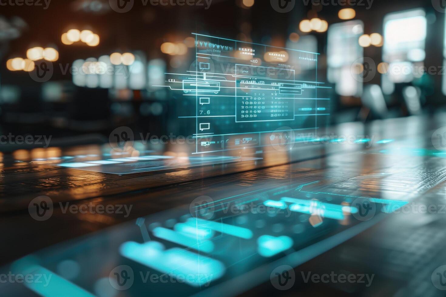 An advanced workspace showcases a holographic calendar hovering above a wooden desk, blending technology with modern design, illuminated by ambient lighting. photo