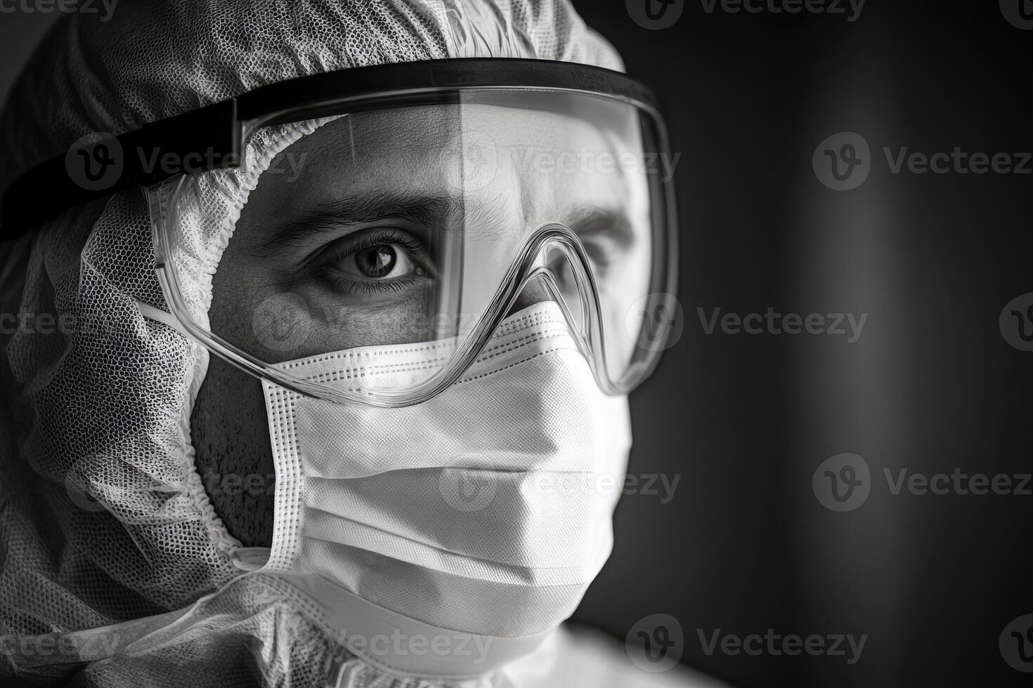 With focused eyes, a medical professional in full protective gear stands ready to face the challenges of patient care. photo