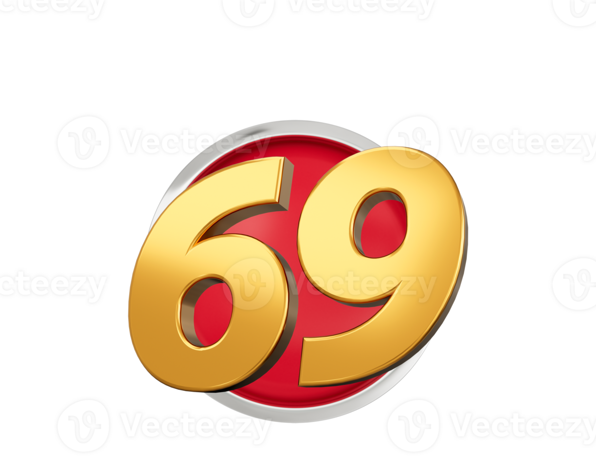 Gold Number 69 Gold Number Sixty Nine On Rounded Red Icon, 3d illustration png