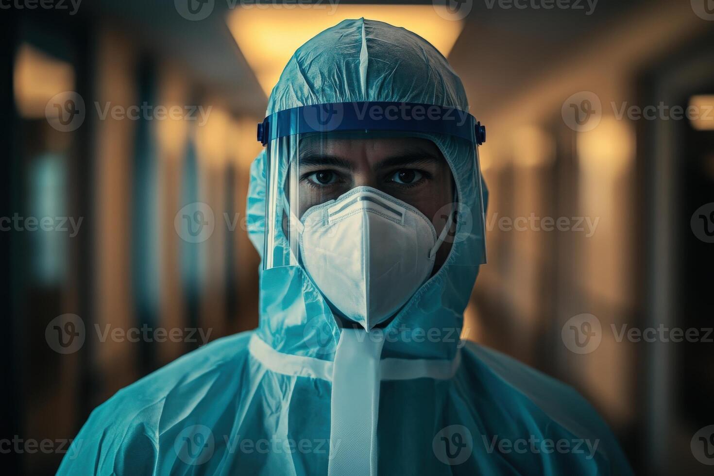 A dedicated healthcare worker appears resolute, donned in full protective attire, preparing to face the challenges ahead. photo