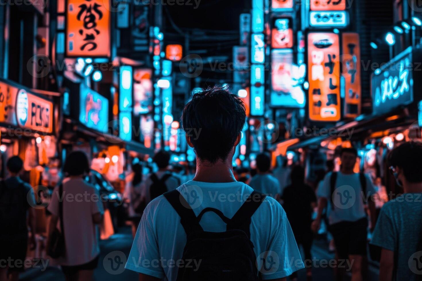 Beneath vibrant neon lights, people wander through Tokyos bustling streets, enjoying the citys electric nightlife. photo