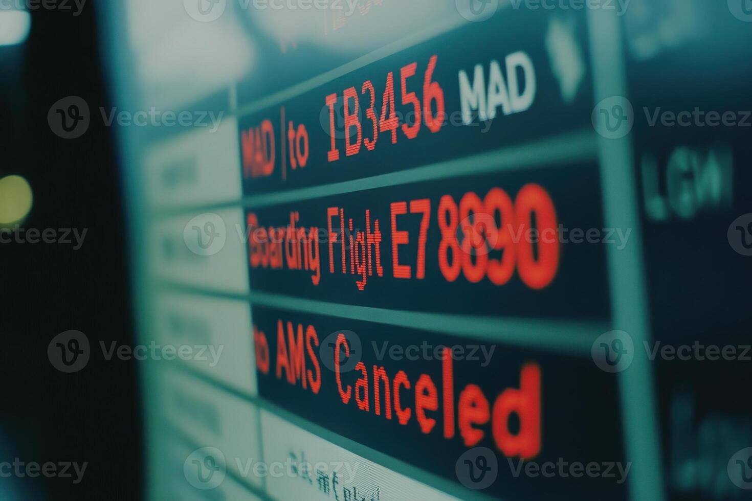 Travelers navigate a bustling airport check-in area as canceled flight announcements flash on the display board. photo