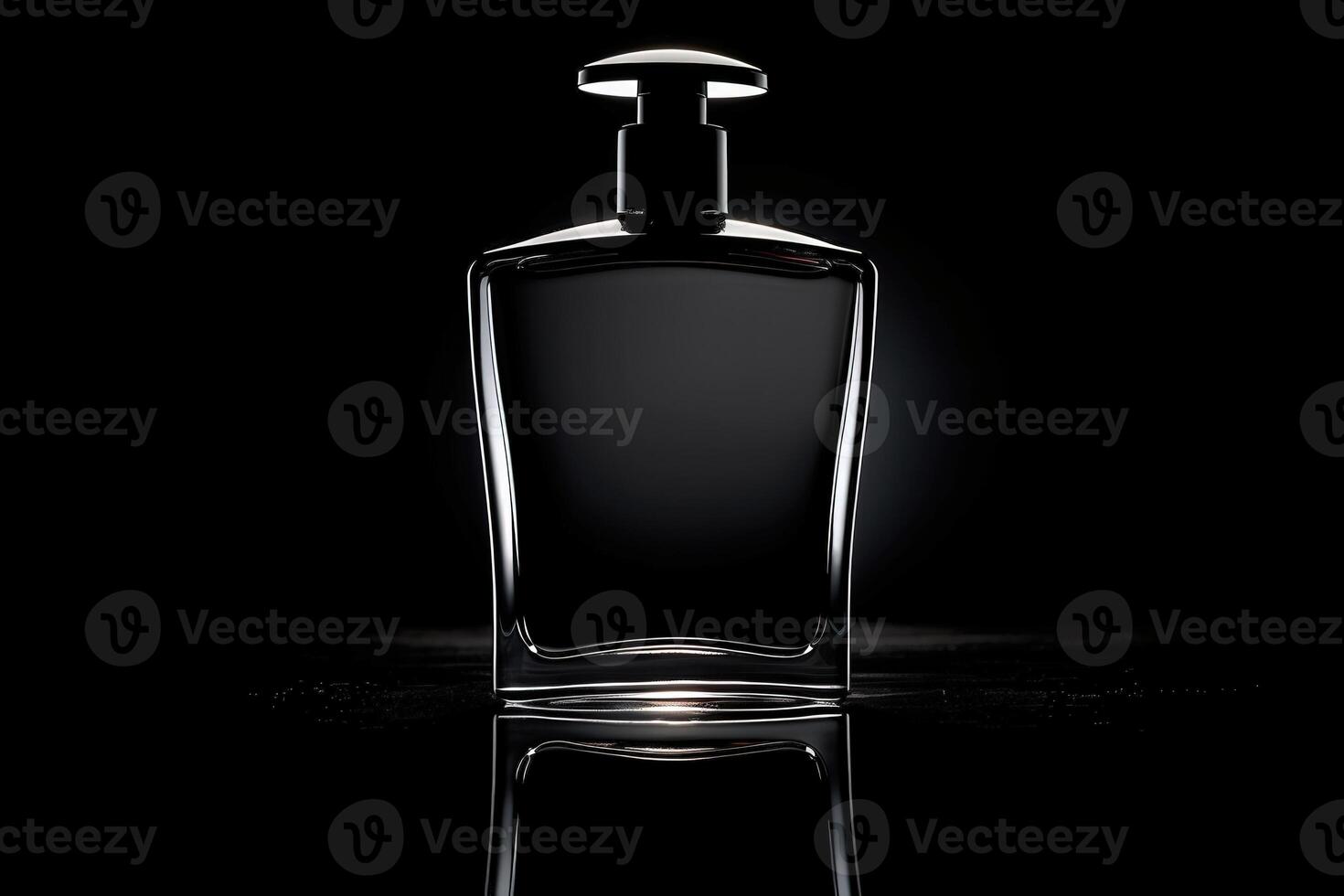 A stylish and modern shampoo bottle stands isolated, reflecting light softly, creating an elegant silhouette in the dark. photo