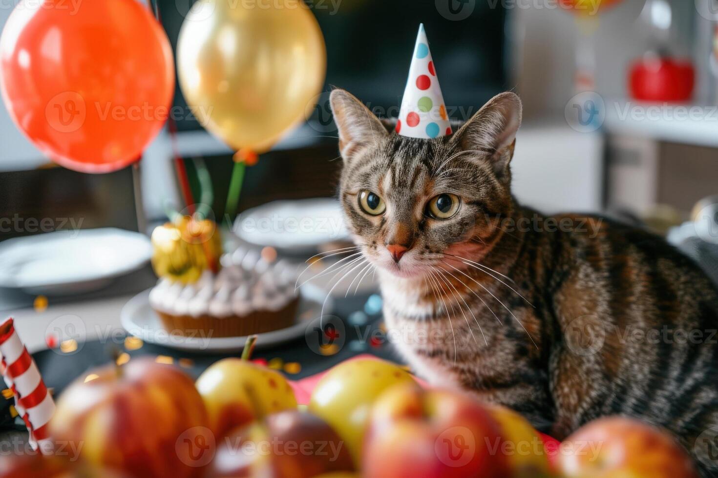 A charming tabby cat sports a party hat amidst colorful balloons and a spread of birthday treats, creating a joyful atmosphere. photo