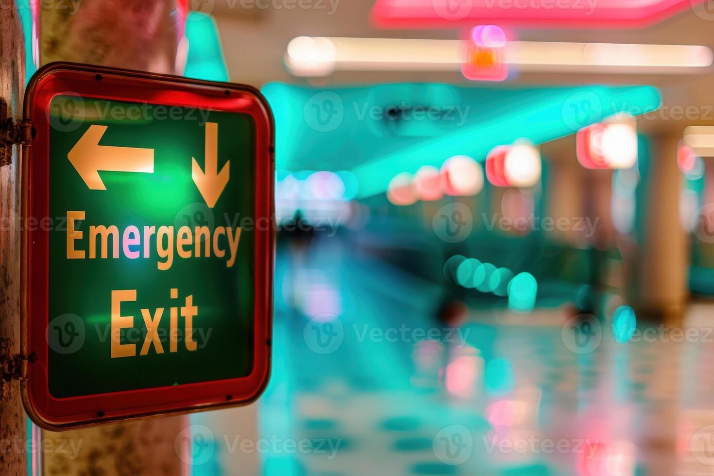 A glowing emergency exit sign signals safe passage with arrows pointing left and right in a colorful corridor. photo