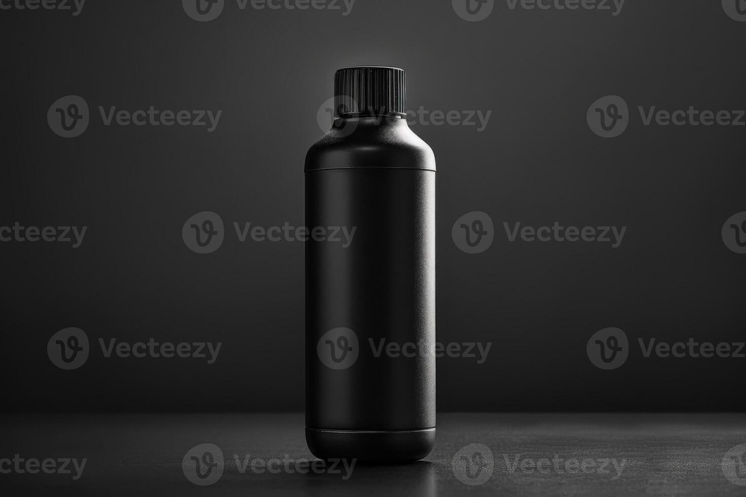 A sleek black bottle of mens shampoo sits upright against a moody dark backdrop, emphasizing its modern design. photo