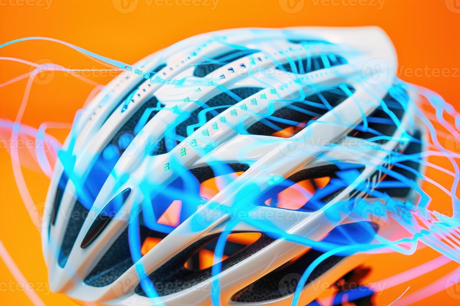 A striking bicycle helmet features dazzling holographic designs, contrasting vividly against an orange background. photo
