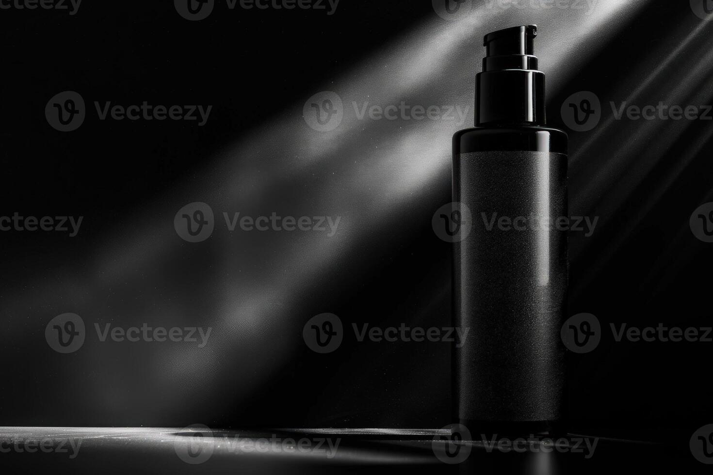 An elegant bottle of mens shampoo stands alone, highlighted by soft rays of light, creating a striking visual in a dark space. photo
