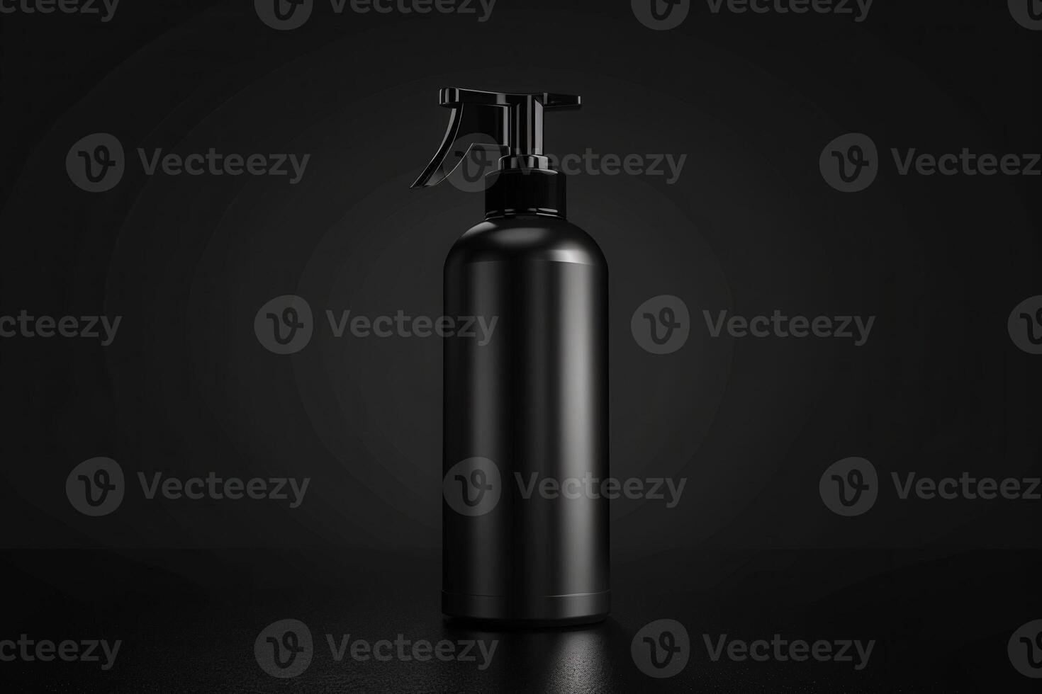 A single bottle of shampoo, black in color, sits on a black surface. It has a sleek design and a silver pump. The background is also black, creating a simple and elegant image. photo