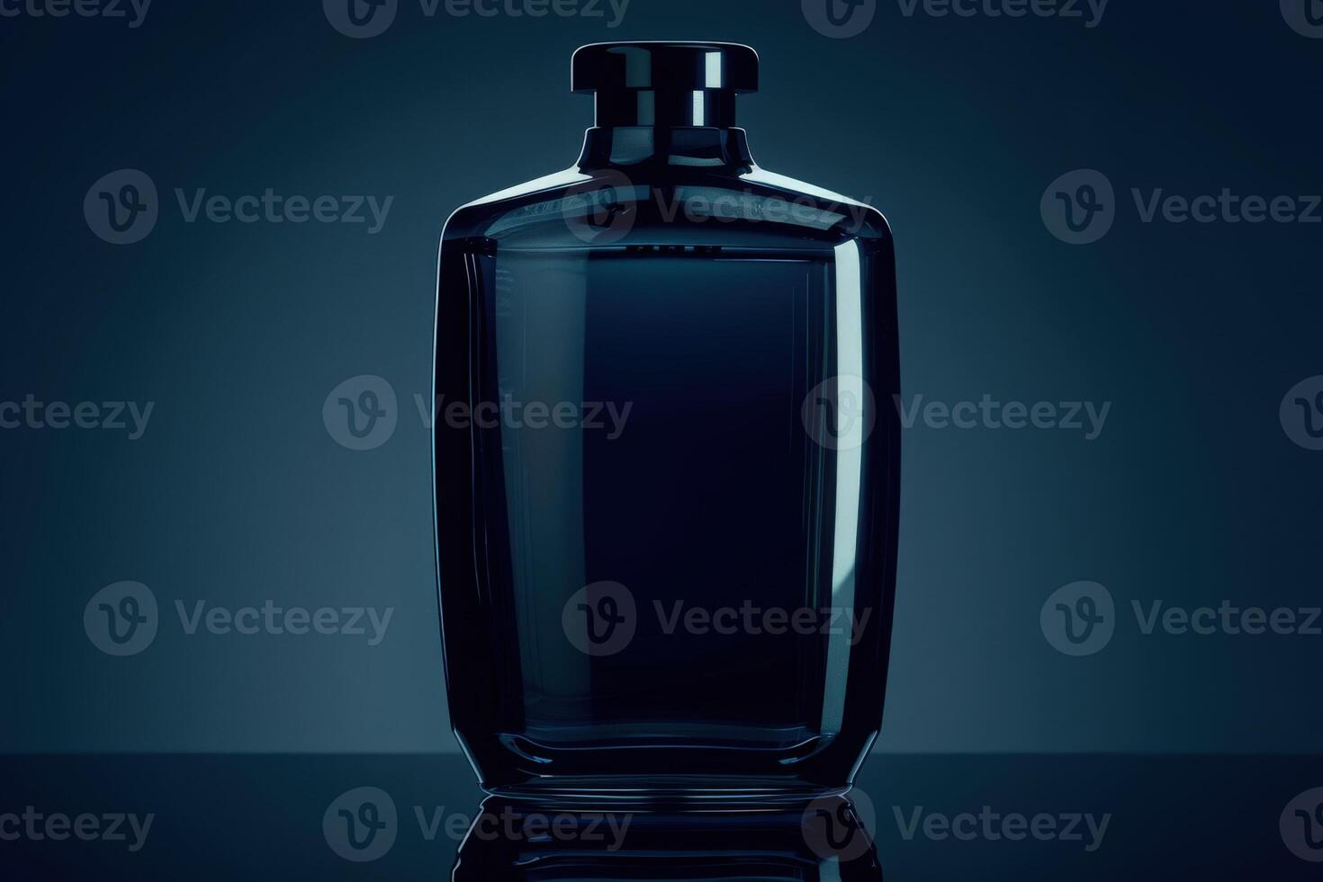A solitary black bottle of shampoo stands elegantly, illuminated by soft lighting, highlighting its sleek contours and stylish form. photo