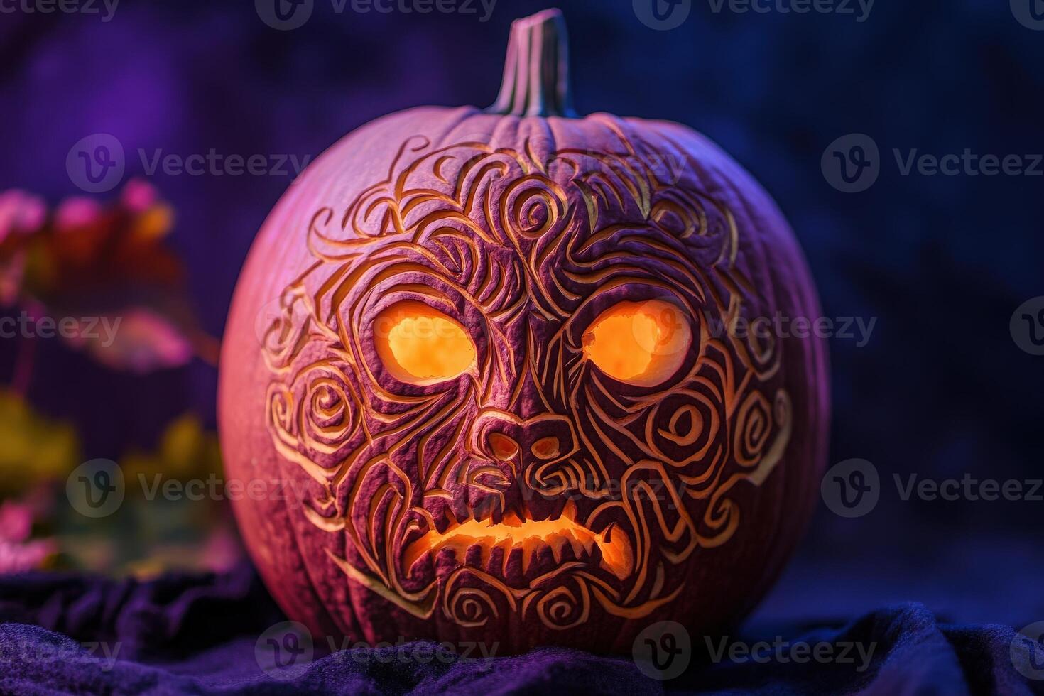 A stunning carved pumpkin features a detailed, eerie face illuminated from within, creating an enchanting glow in a dim atmosphere. photo
