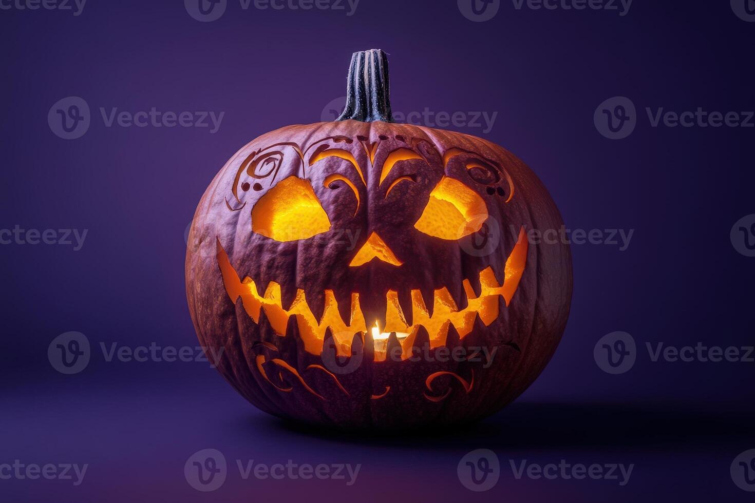 A stunning carved pumpkin illuminates with a warm glow, showcasing detailed designs that evoke the spirit of Halloween night. photo