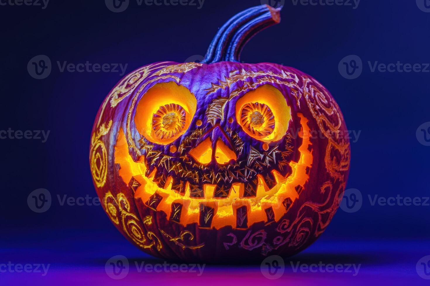 A beautifully carved pumpkin showcases elaborate designs, illuminated from within, creating an enchanting and eerie atmosphere perfect for Halloween celebrations. photo