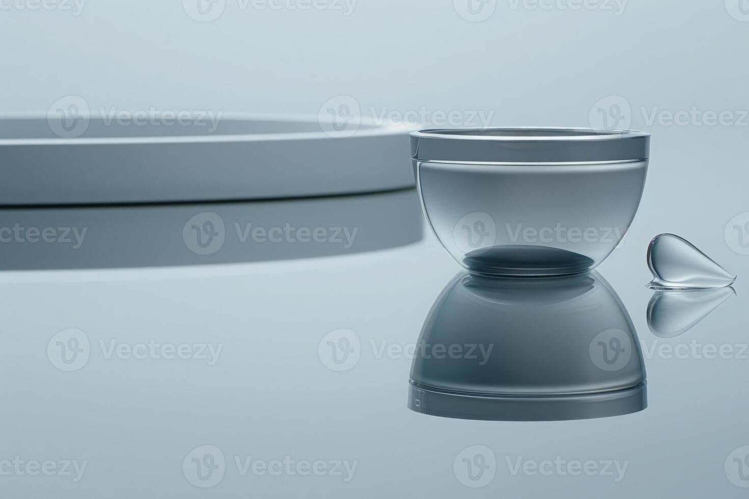 A contact lens case lies open, showcasing a clear lens beside it, both shimmering softly on a smooth, reflective background. photo