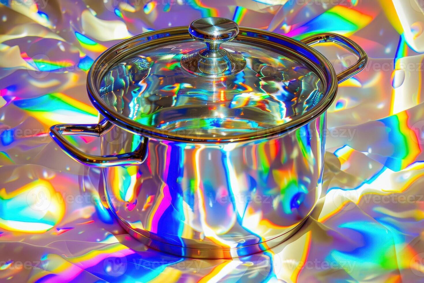 An isolated cooking pot shimmers with holographic reflections, casting vibrant colors across its surroundings, creating a mesmerizing display. photo