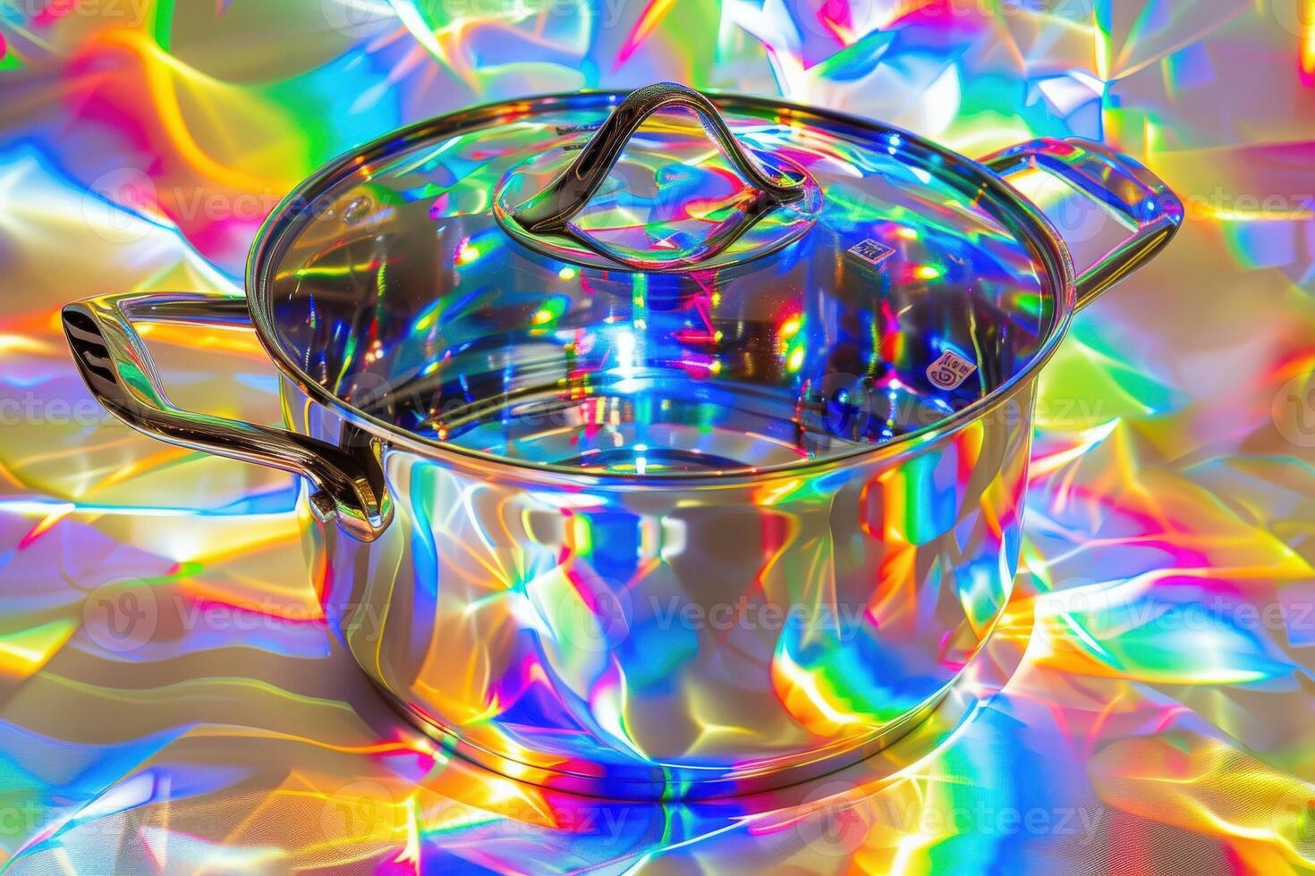 An isolated cooking pot displays a dazzling array of holographic colors, casting playful reflections in the surrounding space. photo